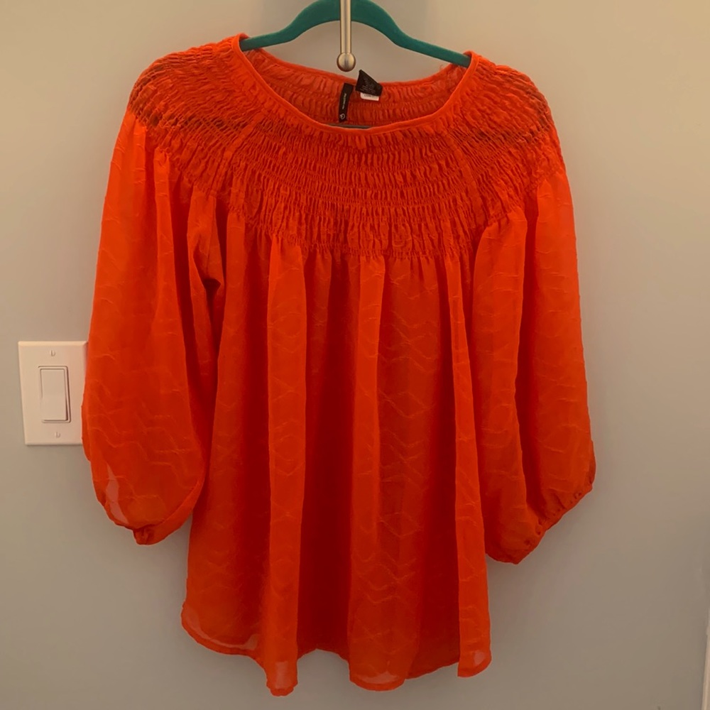 New Directions Orange Smocked Blouse Sz M